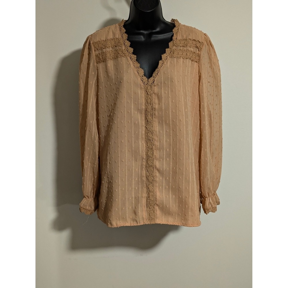 Long Sleeve Peach Blouse Crochet Trim Swiss Dot V Neck Top Boho Chic Size Large
